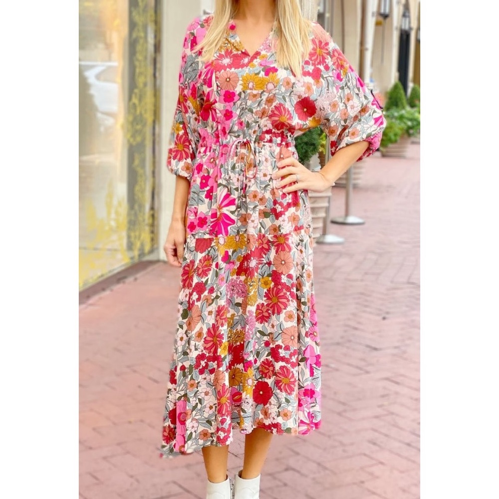 entro Pink Multi Floral Tie-Waist Midi Dress